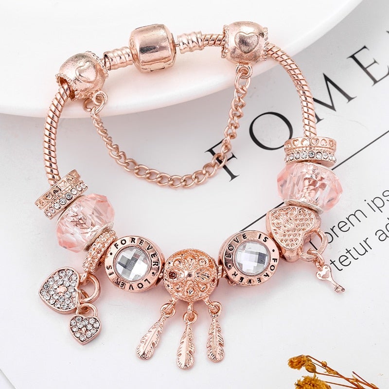 Bracelet élégant attrape-neige avec des roses romantiques et des pendentifs en argent