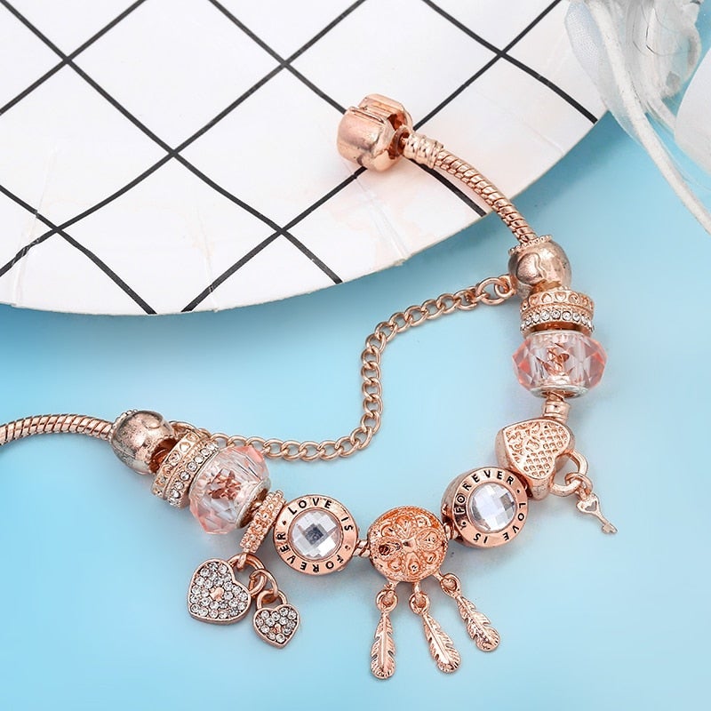 Bracelet élégant attrape-neige avec des roses romantiques et des pendentifs en argent